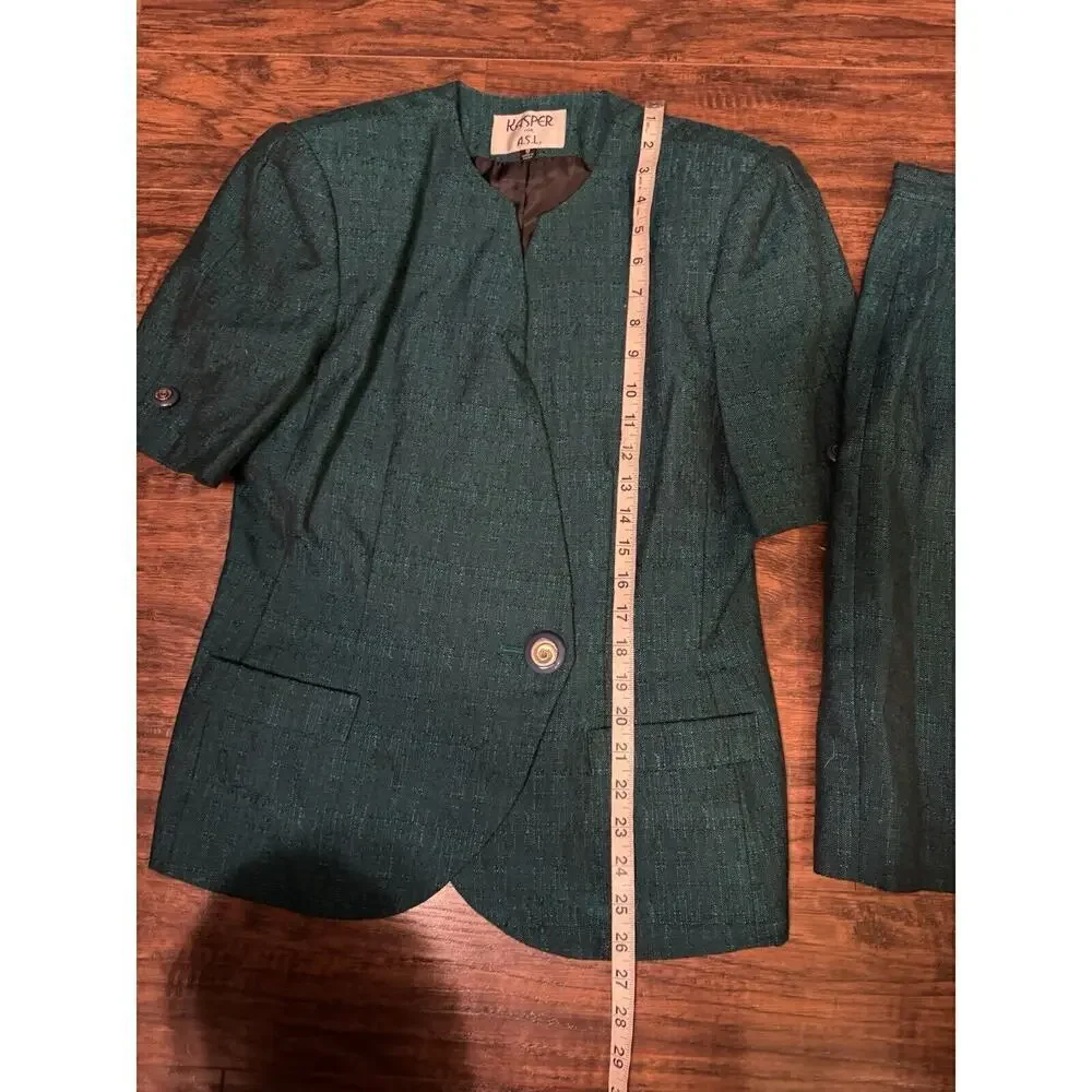 Vintage Kasper ASL Green 2 Piece Short Sleeve Jacket Skirt Suit Set Size 8